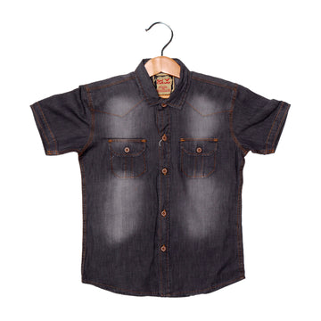 GREY BACK CAPTAIN PRINTED DENIM HALF SLEEVES SHIRT